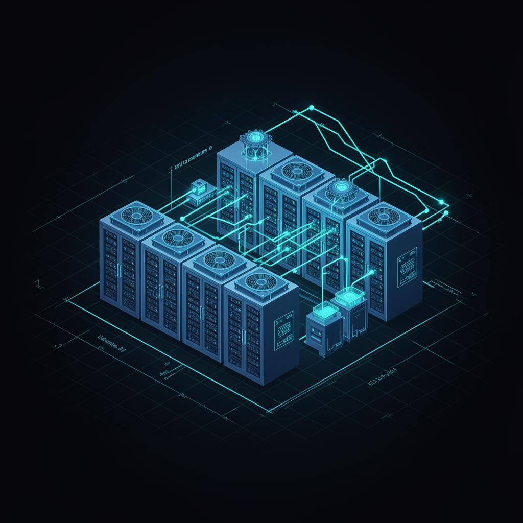 Isometric diagram of GPU server racks, cooling units, and network topology